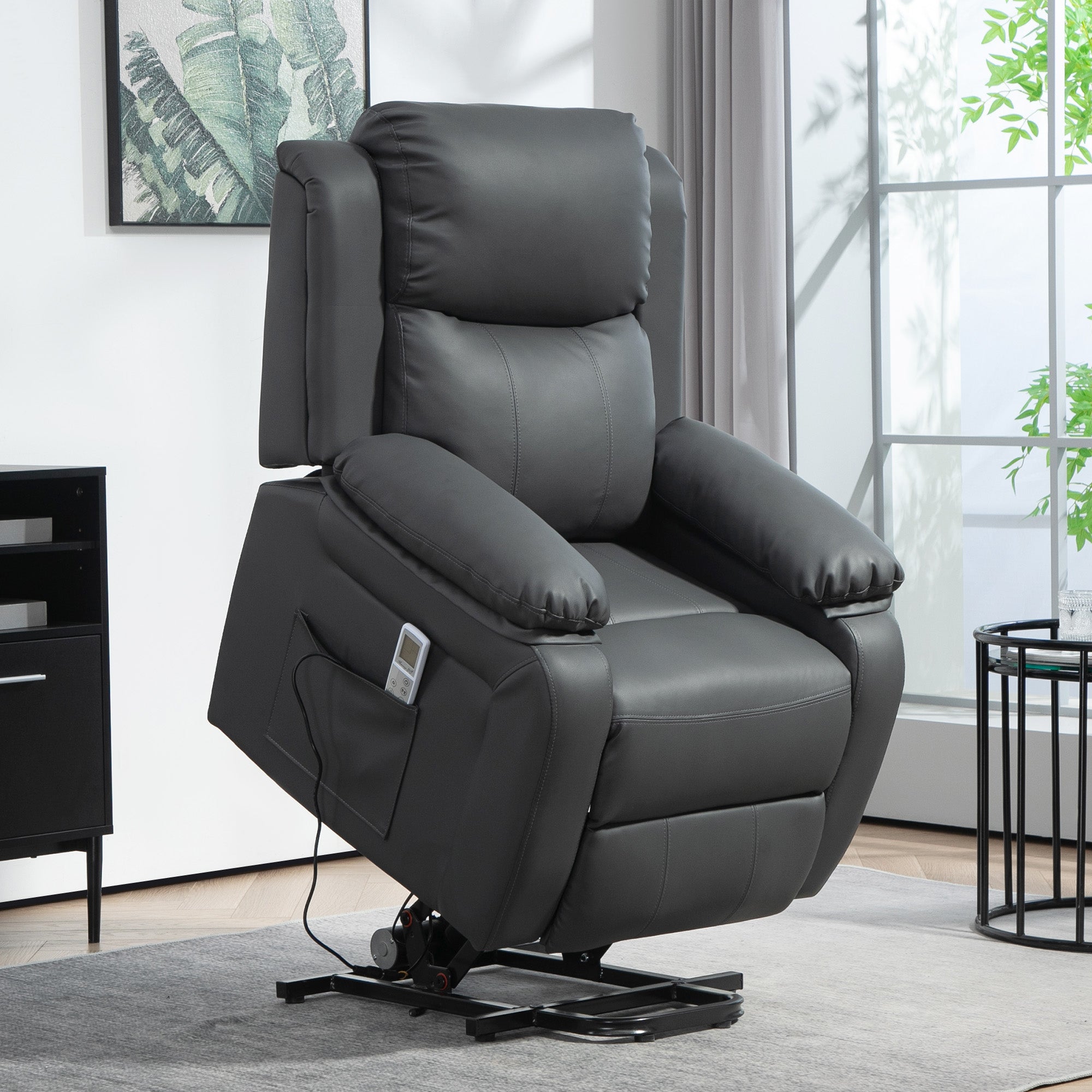 Electric Power Lift Recliner Chair with Heat, Massage and Remote Control – Dark Grey Faux Leather