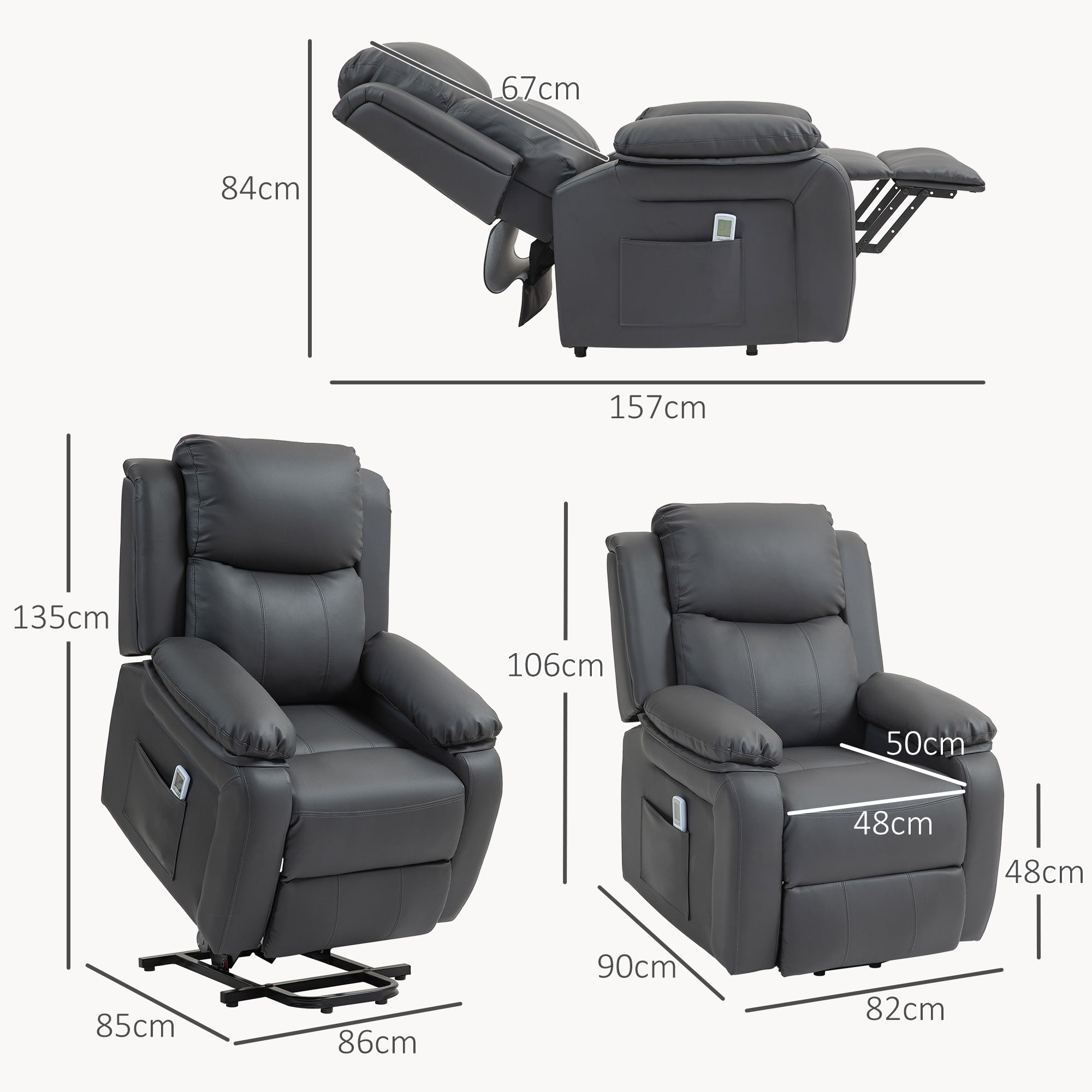 Electric Power Lift Recliner Chair with Heat, Massage and Remote Control – Dark Grey Faux Leather
